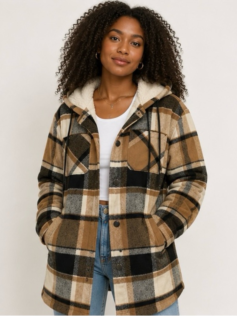SHEIN Plaid Hooded Sherpa-Lined Utility Jacket in Brown & Black